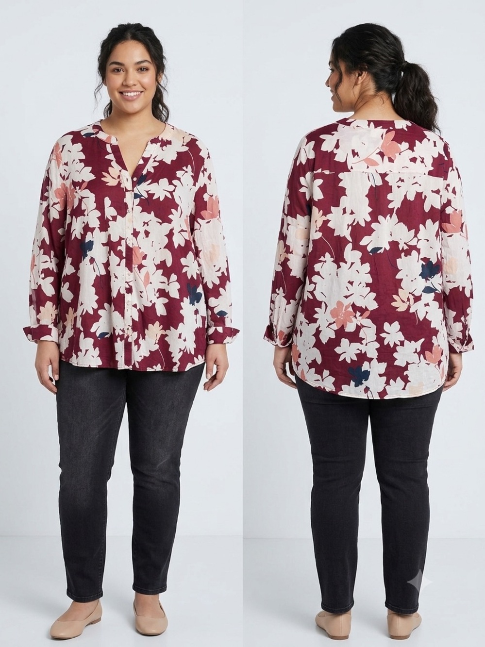 Liz Claiborne Burgundy Floral Split-Neck Blouse